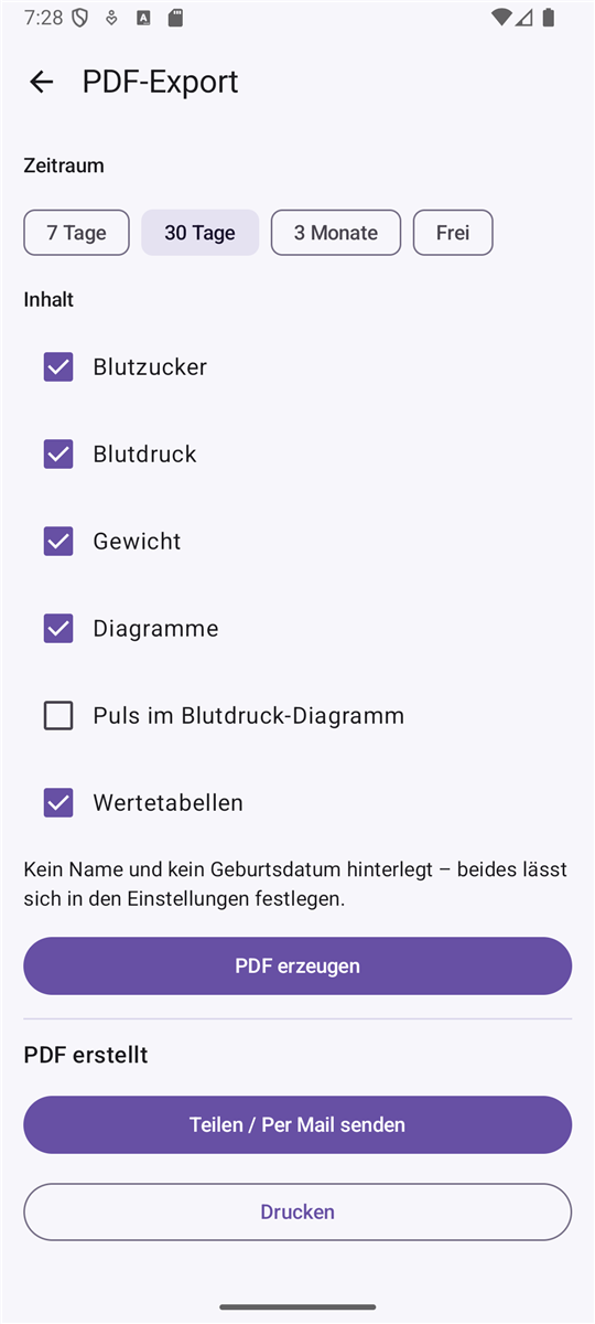 Werte Blick PDF-Export mit Zeitraum und Inhalten